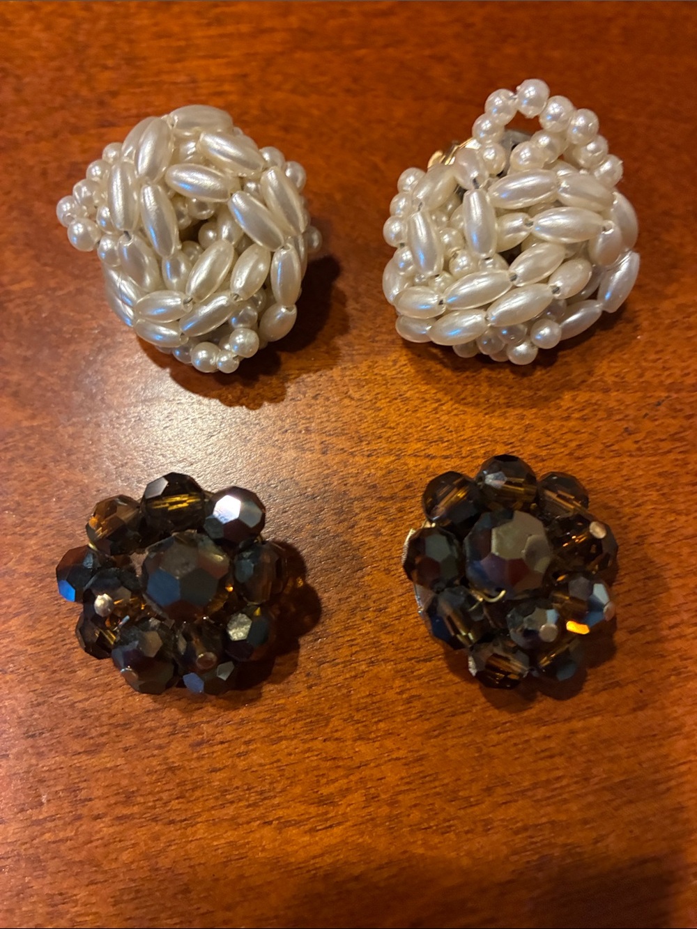 LOT of 2 pairs !! Pearl and Smoky Crystal Cluster Earrings - Clip On